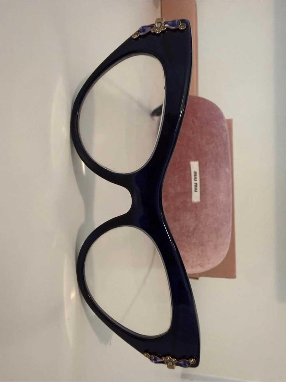 Miu Miu Black Cat-Eye Glasses with Crystal Temple Accents